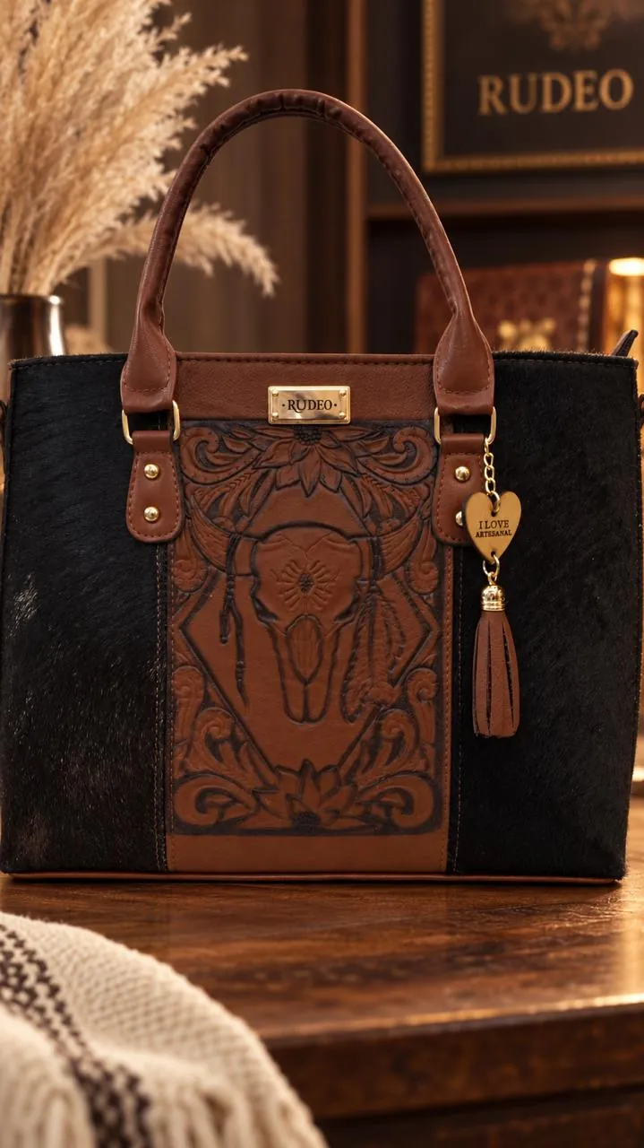 Bolsa RDEO negra con panel repujado de calavera de toro